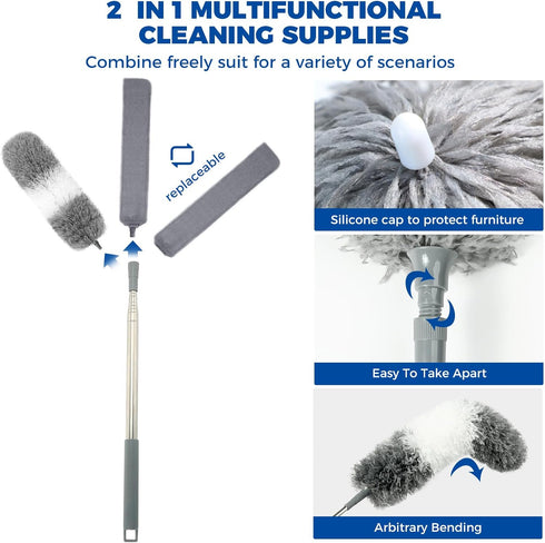 4 Pcs Dusters for Cleaning, 2 in 1 Microfiber Dusters and Retractable Gap Dust Cleaner with 1 Microfiber Dusting Cloths Long Handle 30-100 Inches ...